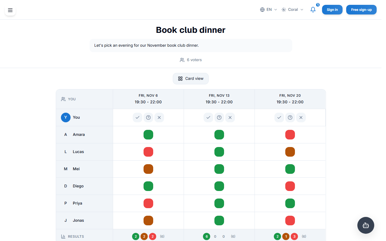 "Book club dinner" poll: six people voted yes, maybe or no for three evenings.
